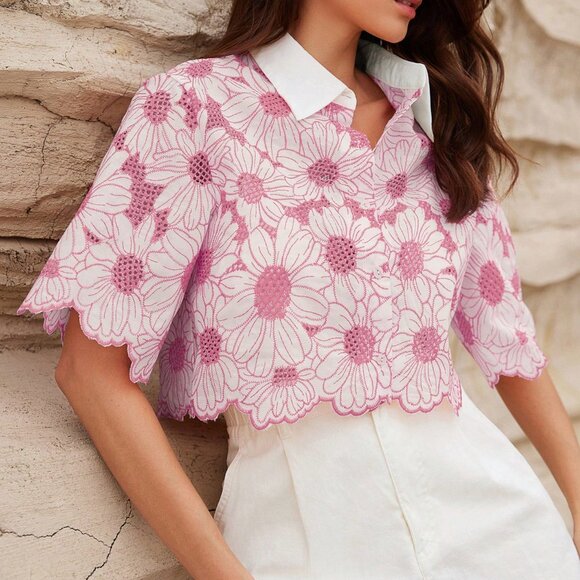 Tops - Pink Casual Women's Elegant Hollow-Out Embroidered Daisy Shirt Floral Print
